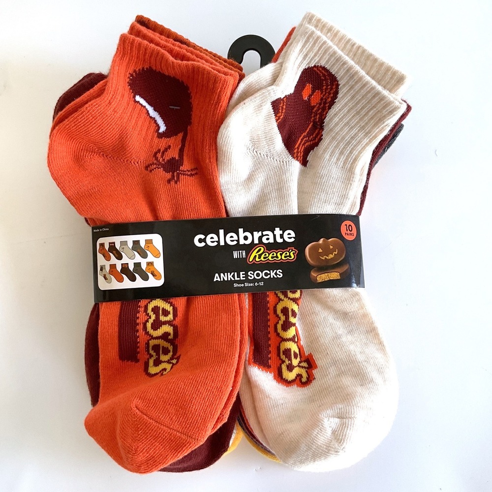 Reese's Halloween Ankle Socks 10 Pair Pack Shoe Size 6-12 Orange Brown Pumpkin